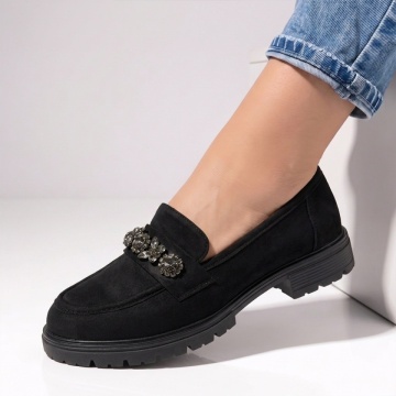 Pantofi casual dama cu accesoriu metalic negru suede LILI22