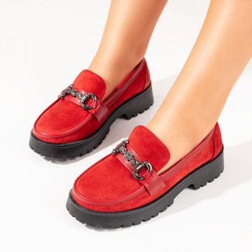 Reduceri pantofi casual dama, Pantofi casual dama cu accesoriu metalic rosii suede MOD10339, modlet.ro