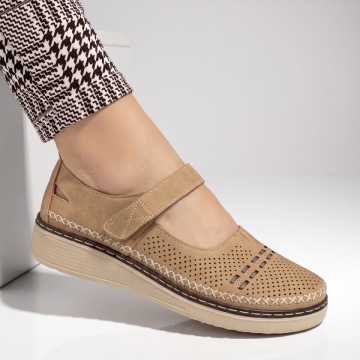 Pantofi casual dama cu perforatii si inchidere cu scai khaki EVA96, 3, modlet.ro