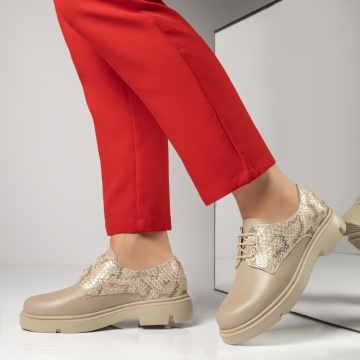 Pantofi casual dama cu siret bej cu print din Piele naturala MOD13415, 2, modlet.ro