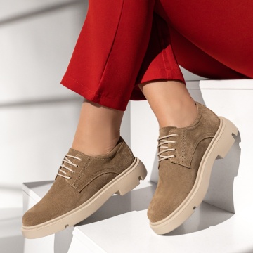 REDUCERI INCALTAMINTE, Pantofi casual dama cu siret bej suede din Piele naturala OANA3, modlet.ro