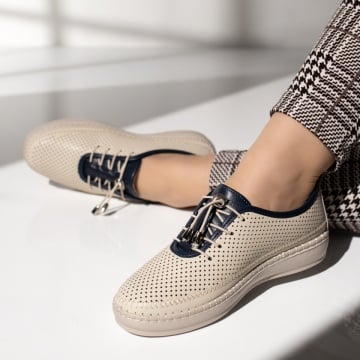 Pantofi dama, Pantofi casual dama cu siret elastic bej cu albastru EVA92, modlet.ro