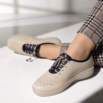 Pantofi dama, Pantofi casual dama cu siret elastic bej cu albastru MOD14272, modlet.ro