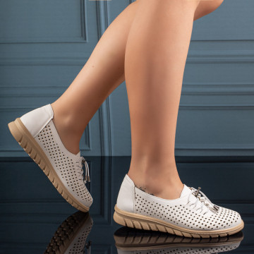 Pantofi casual dama cu siret elastic si perforatii albi MOD11211, 4, modlet.ro