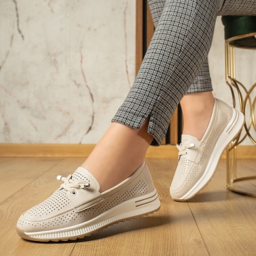 Pantofi casual dama cu siret elastic si perforatii bej MOD13112, 2, modlet.ro