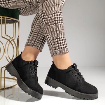 Pantofi casual dama cu siret elastic si talpa groasa negru suede ZEF12990, 3, zeforia.ro