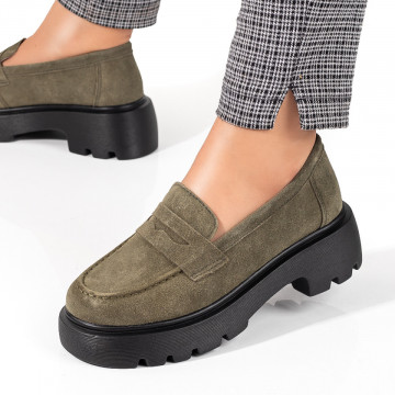 Pantofi casual dama cu talpa groasa din Piele naturala verzi suede MOD09889