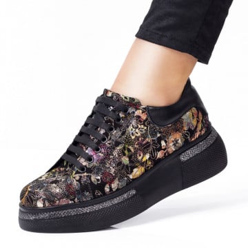 Pantofi casual dama cu talpa groasa negri cu imprimeu din Piele naturala ZEF08254, 2, zeforia.ro