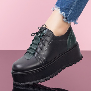 Pantofi casual dama cu talpa groasa negru cu verde din Piele naturala ZEF07972, 3, zeforia.ro