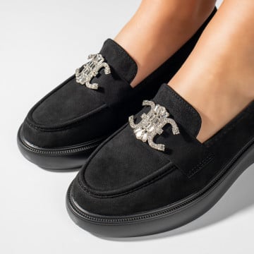 Pantofi casual dama cu talpa groasa si accesoriu metalic negri suede ZEF11038, 5, zeforia.ro