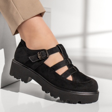 Pantofi casual dama cu talpa groasa si bareta negru suede MOD13092, 4, modlet.ro