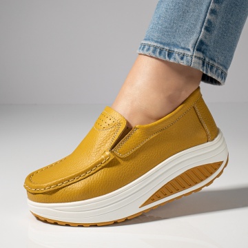 Pantofi casual dama galbeni cu talpa groasa din Piele natural MOD03867, 2, modlet.ro