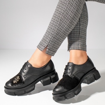 Pantofi casual negri dama din Piele naturala cu accesoriu MOD11890, 5, modlet.ro