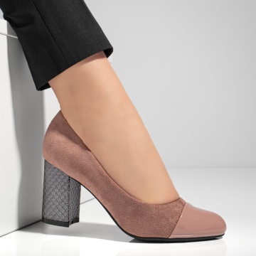 Pantofi cu toc dama nude suede si varf lacuit MOD05775, 4, modlet.ro