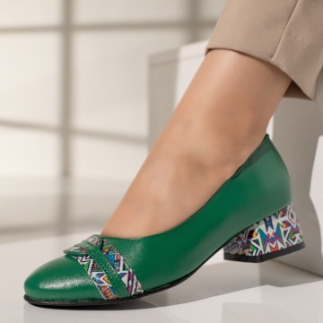 Pantofi cu toc dama si imprimeu verzi din Piele naturala MOD12046, 2, modlet.ro