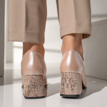 Pantofi cu toc gros dama bej sidefat din Piele naturala MOD12048, 4, modlet.ro