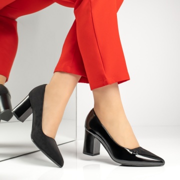 Pantofi cu toc gros dama negru cu aspect lucios MOD13362, 4, modlet.ro