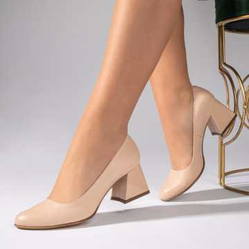 Pantofi cu toc gros eleganti dama nude din Piele Naturala MOD06034, 4, modlet.ro