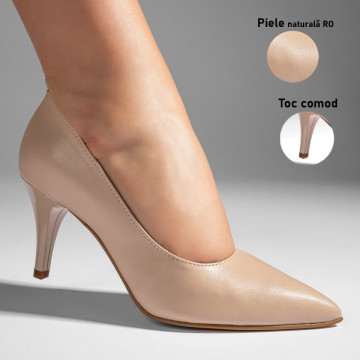 Pantofi cu toc subtire dama bej deschis din Piele naturala MOD11003, 3, modlet.ro