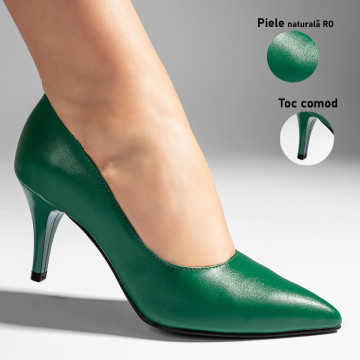 Pantofi cu toc subtire dama verzi din Piele naturala MOD11003, 3, modlet.ro