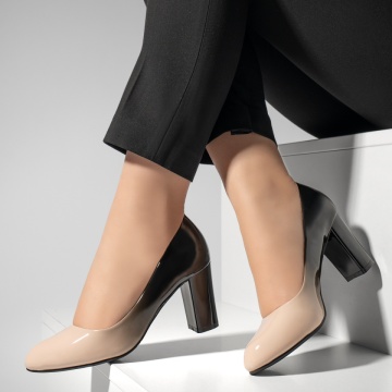 Pantofi dama cu toc gros bej cu negru luciosi MOD01371, 2, modlet.ro