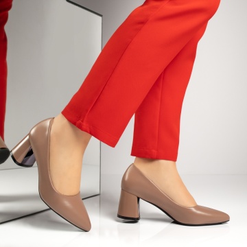 Pantofi dama cu toc gros bej inchis IRIS42, 4, modlet.ro