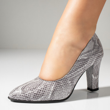 Pantofi dama cu toc gros gri cu print din Piele naturala MOD10220, 1, modlet.ro