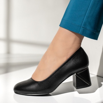 Pantofi cu toc, Pantofi dama cu toc gros negri MOD14193, modlet.ro