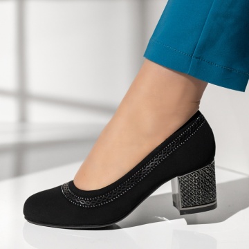 Pantofi dama cu toc gros negri suede MOD08341