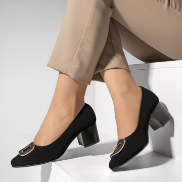 Pantofi dama cu toc gros si accesoriu decorativ negru suede MOD13004, 3, modlet.ro