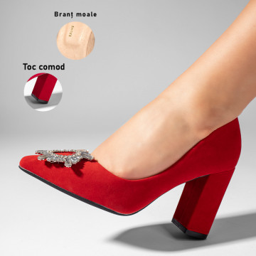Pantofi dama cu toc gros si accesoriu metalic rosii suede MOD10984, 3, modlet.ro