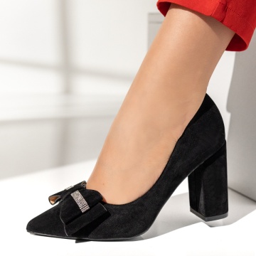 Pantofi cu toc gros dama, Pantofi dama cu toc gros si fundita negru suede MOD14170, modlet.ro