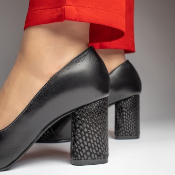 Pantofi dama cu toc gros si imprimeu negri din Piele naturala MOD13133, 2, modlet.ro