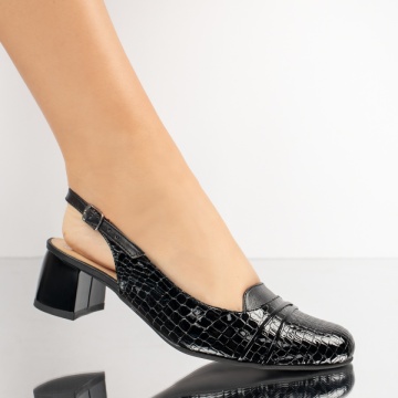 Pantofi dama cu toc gros si imprimeu negri din Piele naturala MOD13654, 3, modlet.ro