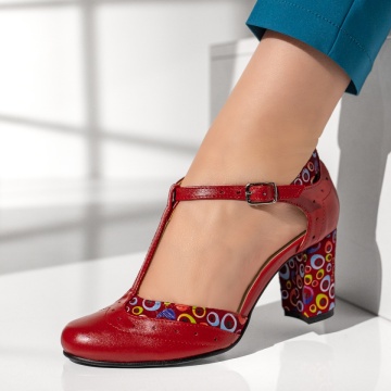 Pantofi dama cu toc gros si imprimeu rosii din Piele naturala MOD13078, 2, modlet.ro