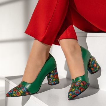 Pantofi dama cu toc gros si model floral verzi din Piele naturala ZEF13133, 2, zeforia.ro