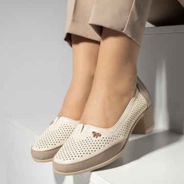 Pantofi cu toc, Pantofi dama cu toc gros si perforatii bej MOD14225, modlet.ro