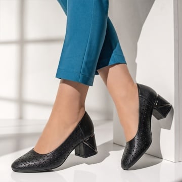 Pantofi dama cu toc gros si perforatii negri INA25, 2, modlet.ro