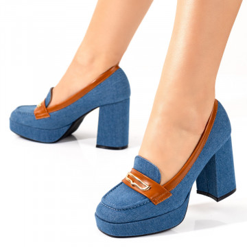 Pantofi dama cu toc gros si platforma albastri cu maro MOD09803, 3, modlet.ro