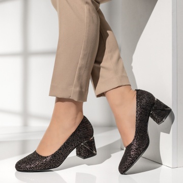 Pantofi cu toc, Pantofi dama cu toc gros si print negri MOD13693, modlet.ro