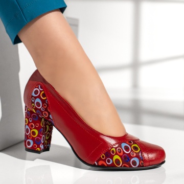 Pantofi dama cu toc gros si print rosii din Piele naturala MOD13080, 4, modlet.ro