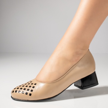 Pantofi dama cu toc mic bej din Piele naturala MOD12144, 3, modlet.ro