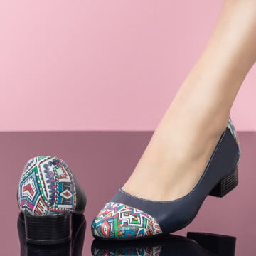 Pantofi dama cu toc mic din Piele naturala albastri cu print ZEF07973, 4, zeforia.ro