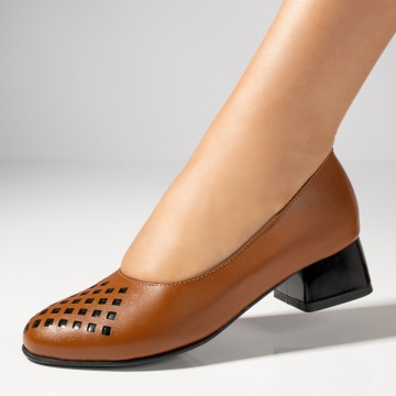 Pantofi dama cu toc mic maro din Piele naturala MOD12144, 3, modlet.ro