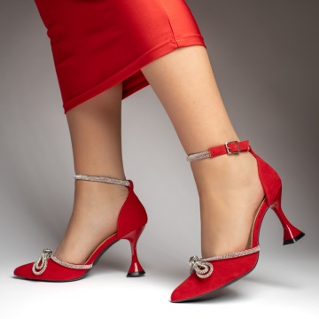 Pantofi dama cu toc si fundita cu strasuri rosu suede LIA89, 2, modlet.ro