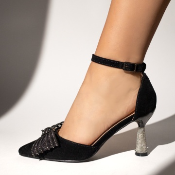 CUPON, Pantofi dama cu toc si fundita negru suede LIA19, modlet.ro