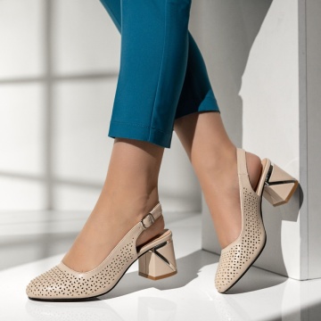 Pantofi cu toc, Pantofi dama cu toc si perforatii bej ANA9, modlet.ro