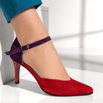 Pantofi dama cu toc subtire mov cu rosu suede din Piele naturala ZEF13076, 4, zeforia.ro