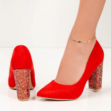 Pantofi dama rosii cu toc gros si model MOD05587, 3, modlet.ro