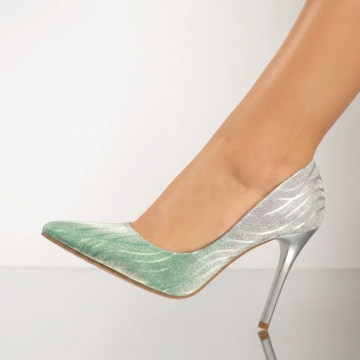 Pantofi Stiletto, Pantofi dama Stiletto verzi cu argintiu glitter MOD10053, modlet.ro